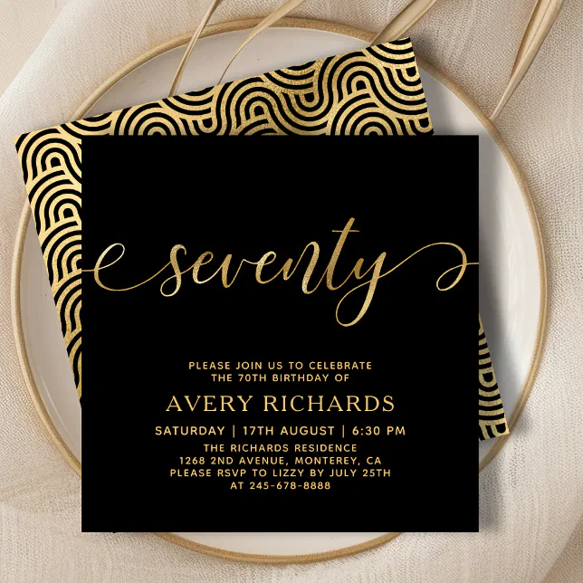 Elegant Gold Seventy Script Black 70th Birthday Invitation | Zazzle