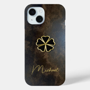 Elegant Gold Shamrock,Clover Leather Look iPhone 15 Case