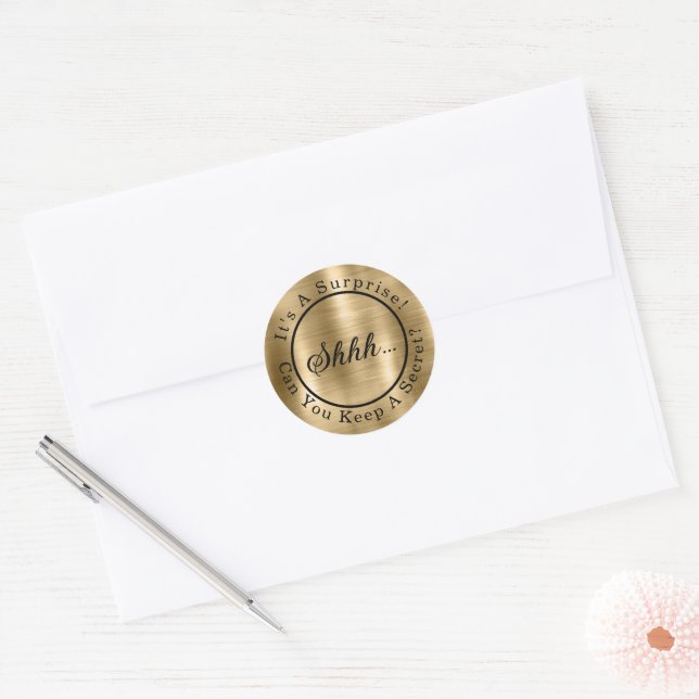 Elegant Gold Shhh...It's A Surprise Party Classic Round Sticker (Envelope)
