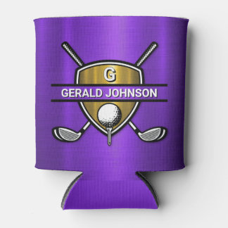 Elegant Gold Shield Golf Monogram Design Can Cooler