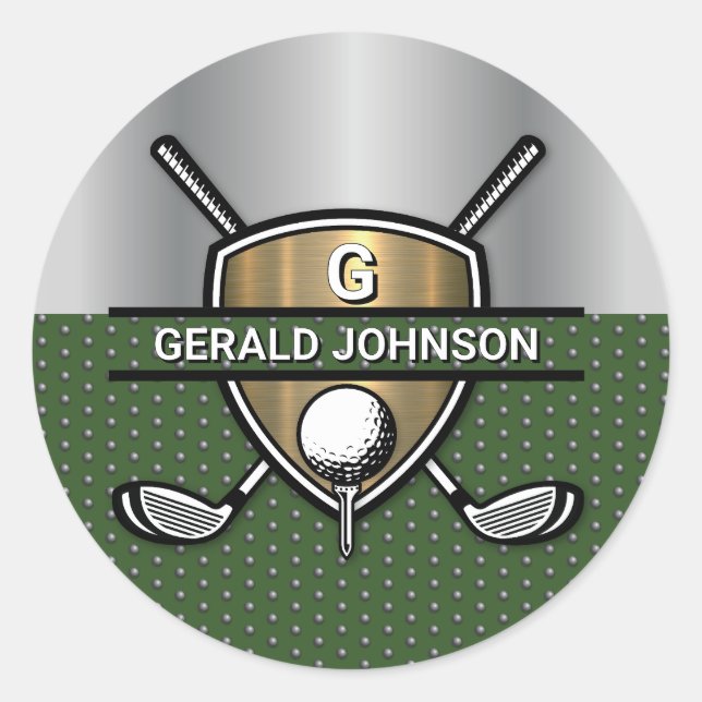 Elegant Gold Shield Golf Monogram Design Classic Round Sticker (Front)