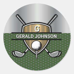 Elegant Gold Shield Golf Monogram Design Classic Round Sticker