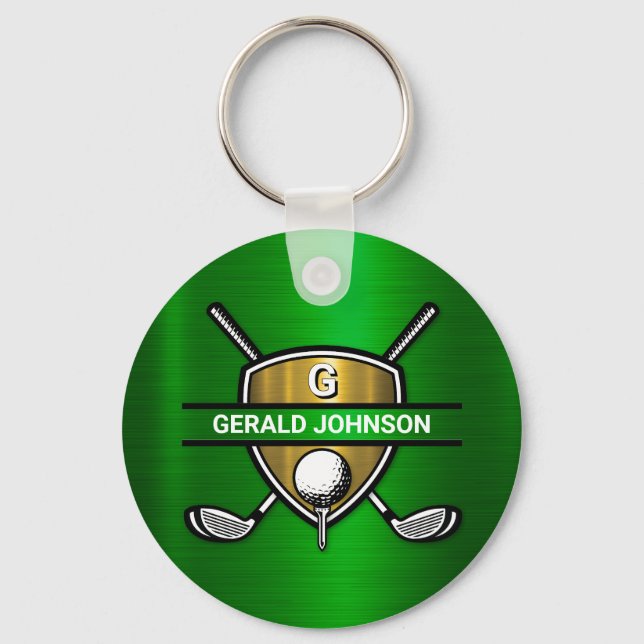 Elegant Gold Shield Golf Monogram Design Key Ring (Front)
