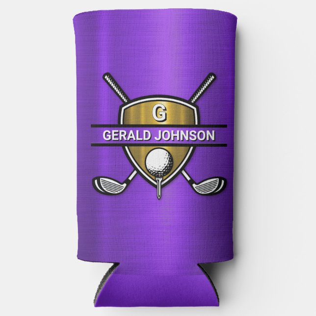 Elegant Gold Shield Golf Monogram Design Seltzer Can Cooler (Front)