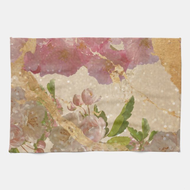 Elegant Gold Shimmer Floral Decoupage Tea Towel (Horizontal)