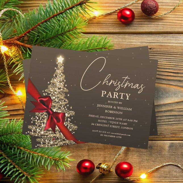 Elegant Gold Shimmering Xmas Tree Holiday  Invitation (Elegant Gold Shimmering Xmas Tree Holiday Invitation)