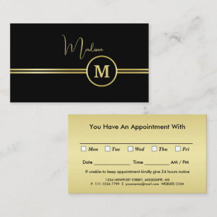 Elegant Gold Signature Monogram on Black Appointment Card
