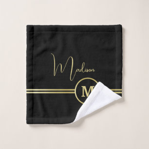 Elegant Gold Signature Monogram on Black Bath Towel Set