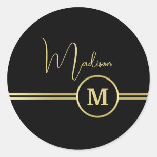 Elegant Gold Signature Monogram on Black Classic Round Sticker