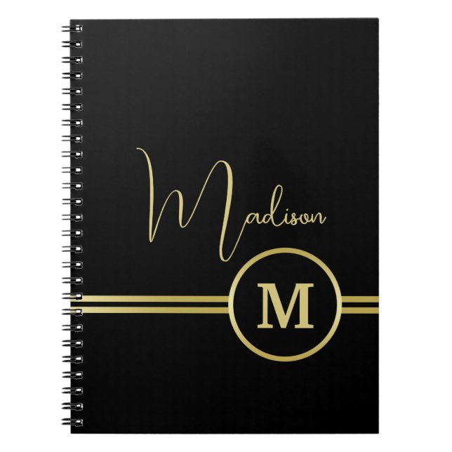 Elegant Gold Signature Monogram on Black Notebook (Front)