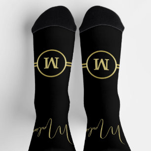 Elegant Gold Signature Monogram on Black Socks