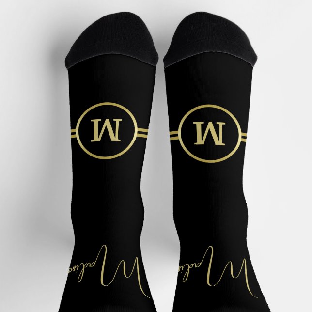 Elegant Gold Signature Monogram on Black Socks (Top)