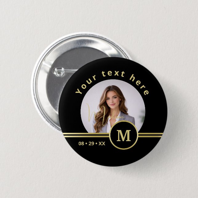Elegant Gold Signature Monogram with Photo 6 Cm Round Badge (Front & Back)