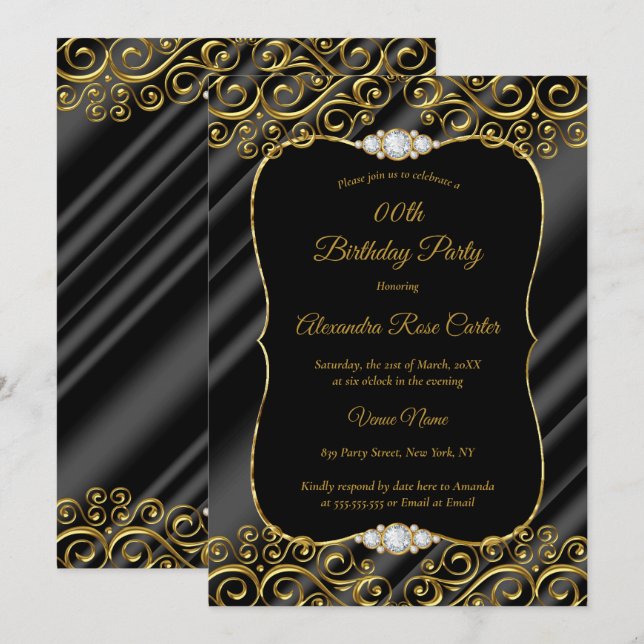 Elegant Gold Silk Black Diamond Birthday Party Invitation (Front/Back)