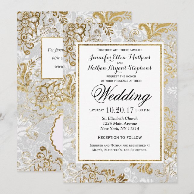 Elegant Gold Silver and Grey Floral Wedding Invitation (Front/Back)
