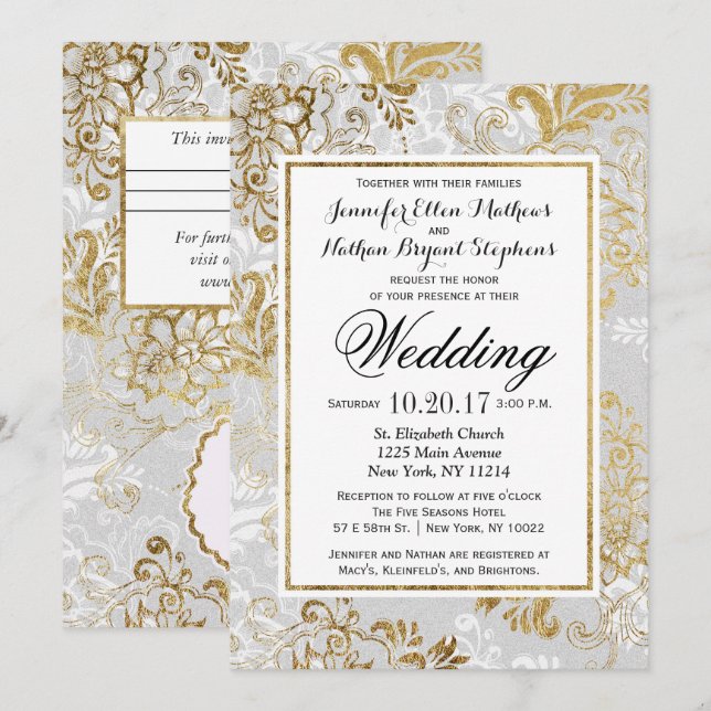 Elegant Gold Silver and Grey Floral Wedding Invitation (Front/Back)