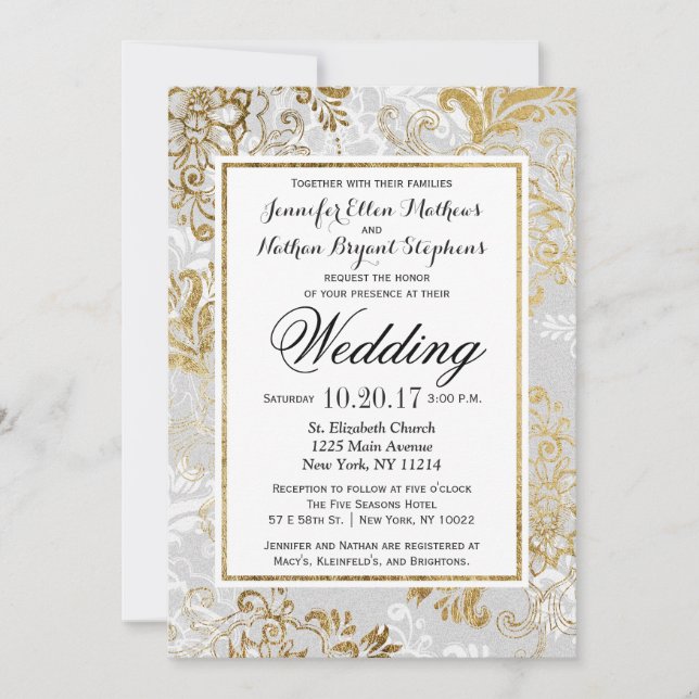 Elegant Gold Silver and Grey Floral Wedding Invite (Front)
