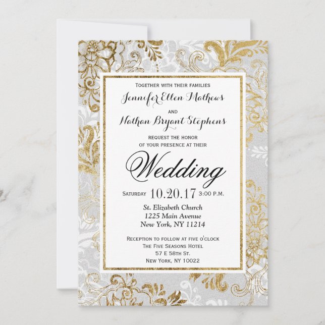 Elegant Gold Silver and Grey Floral Wedding Invite (Front)