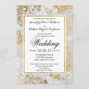 Elegant Gold Silver and Grey Floral Wedding Invite