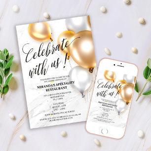 Elegant Gold Silver Balloons Grand Opening Invitation