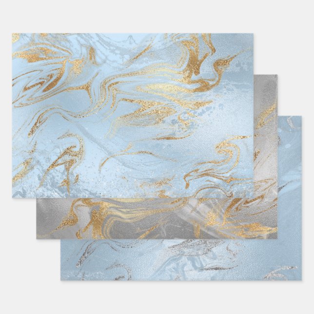 Elegant gold silver blue marble    wrapping paper sheet (Set)