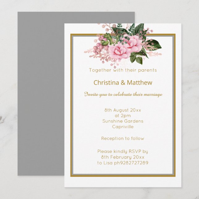 ELEGANT GOLD SILVER FLORAL WEDDING INVITATION (Front/Back)
