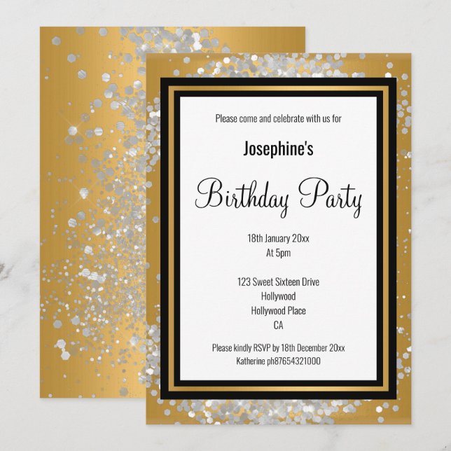 ELEGANT GOLD SILVER HOLOGRAPHIC BLACK BIRTHDAY INVITATION (Front/Back)