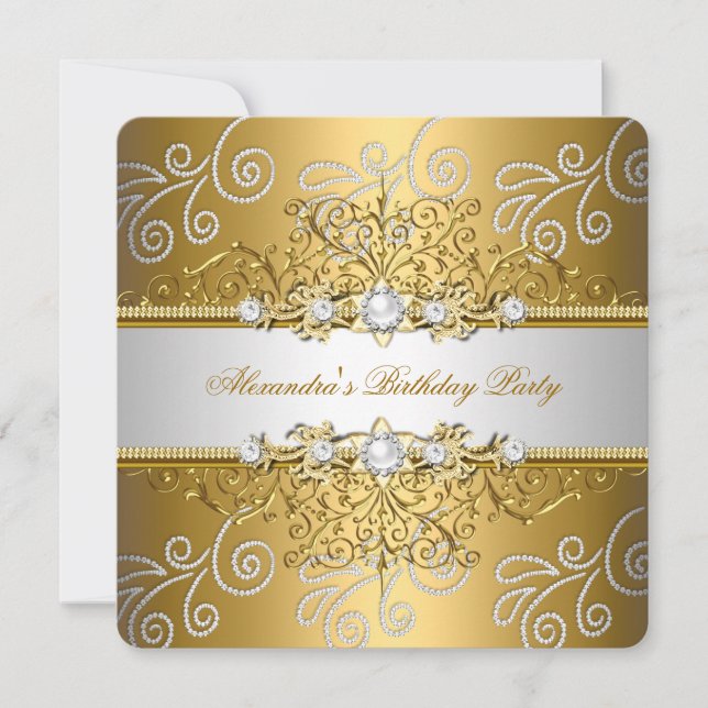 Elegant Gold Silver Lace Diamond Overlay Party Invitation (Front)