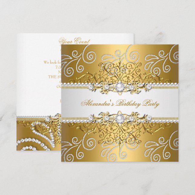 Elegant Gold Silver Lace Diamond Overlay Pearls Invitation (Front/Back)
