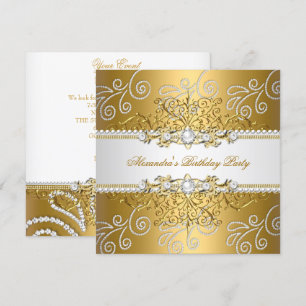 Elegant Gold Silver Lace Diamond Overlay Pearls Invitation