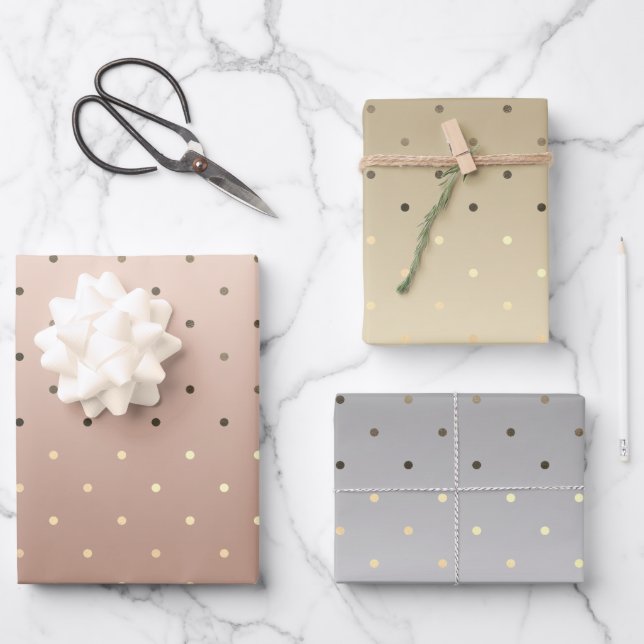 Elegant gold silver & rose gold polka dots  wrapping paper sheet (Front)