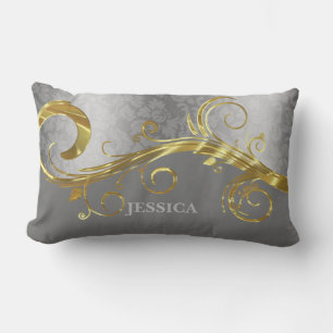 Elegant Gold & Silver Swirls With Grey Background Lumbar Cushion