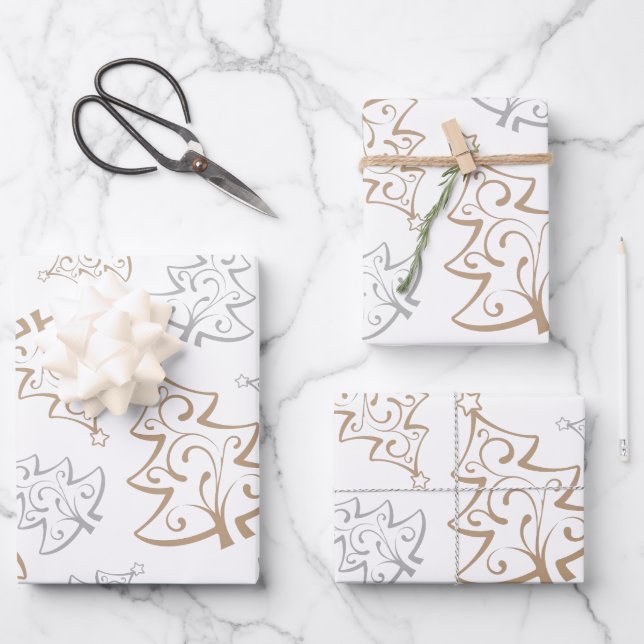 Elegant Gold Silver Tree Christmas Wrapping Paper (Front)