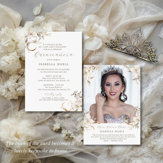 Elegant Gold Silver White Florals Quinceañera Invitation (This elegant quince invitation features a white, gold and silver color palette)