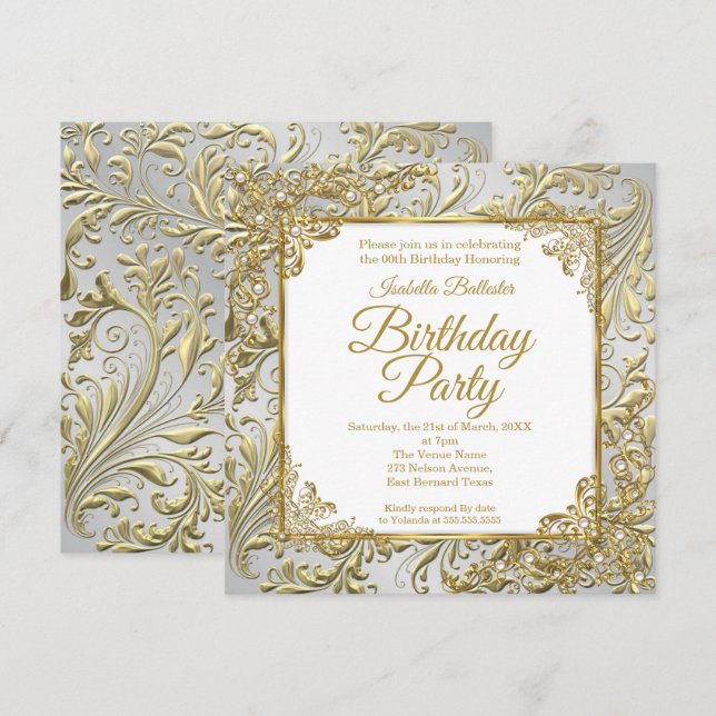 Elegant Gold Silver White Pearl Birthday Party Invitation (Front/Back)