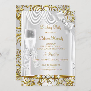 Elegant Gold Silver White Silk Champagne Birthday Invitation