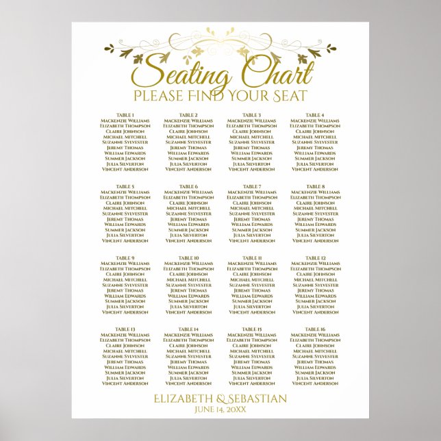 Elegant Gold Simple 16 Table Wedding Seating Chart (Front)