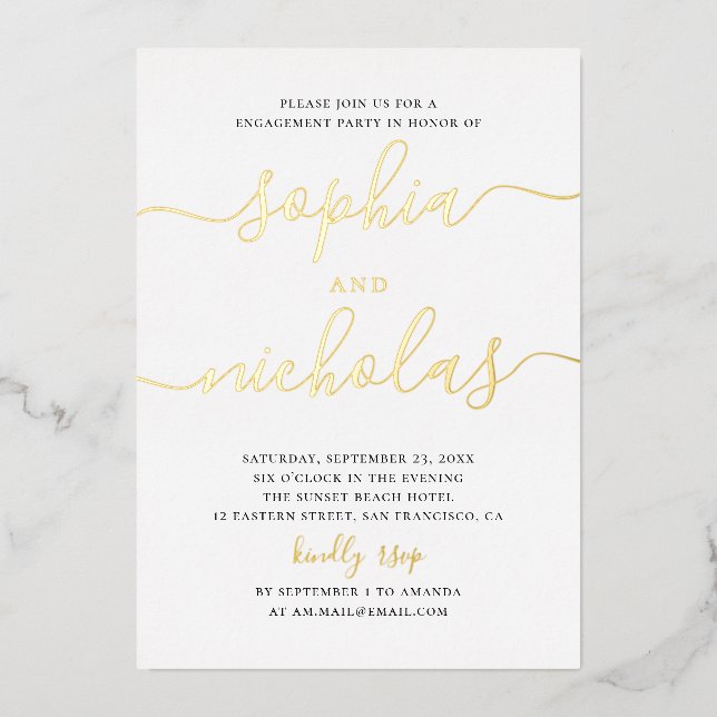Elegant gold simple modern script engagement party (Front)