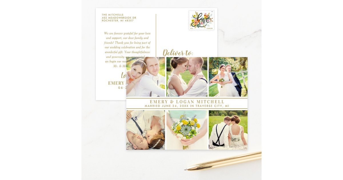 Elegant Gold Six Photo Collage Wedding Thank You Postcard | Zazzle
