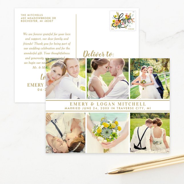 Elegant Gold Six Photo Collage Wedding Thank You Postcard (Creator Uploaded)