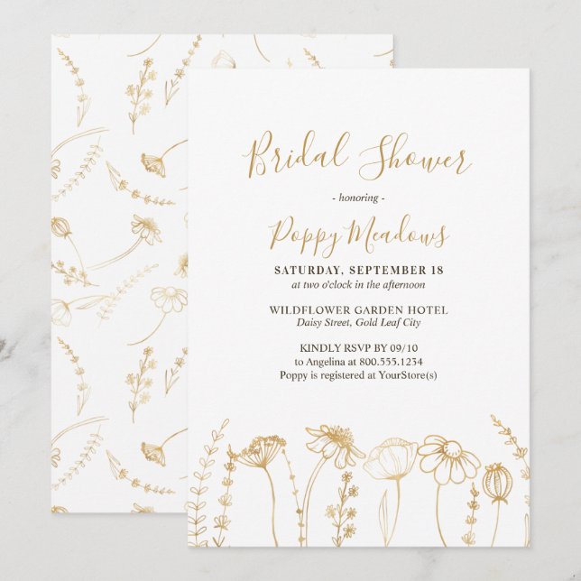 Elegant Gold Sketch Wildflower Bridal Shower Invitation (Front/Back)