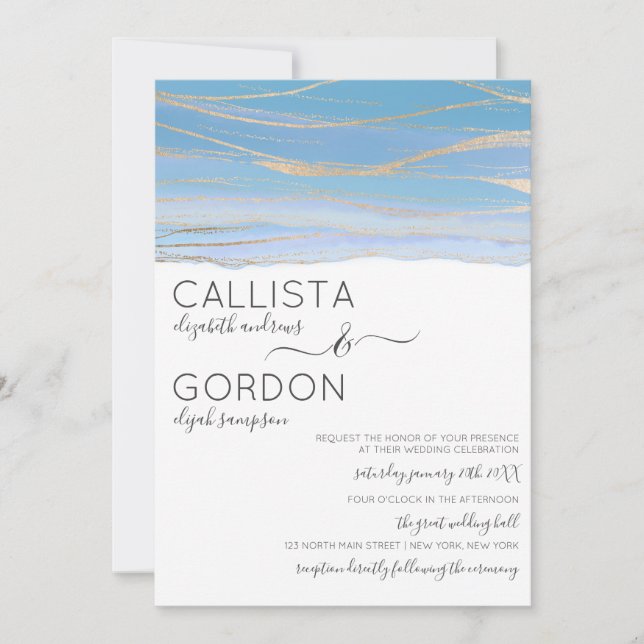 Elegant Gold Sky Blue Veined Watercolor Wedding Invitation (Front)