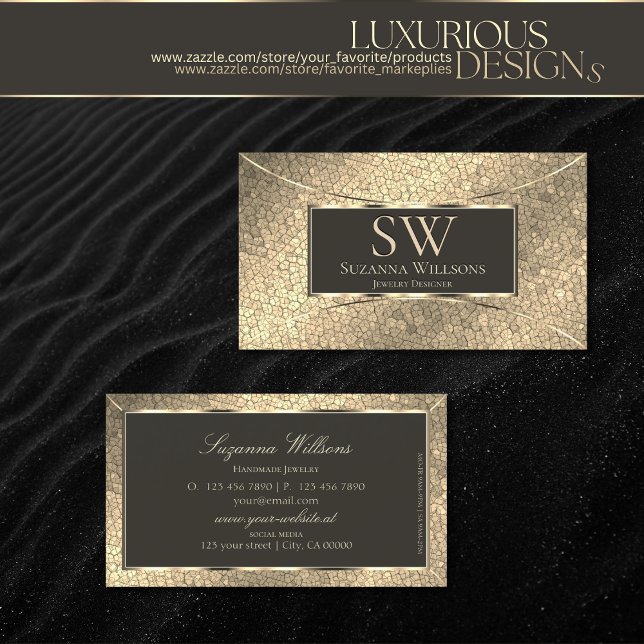 Elegant Gold Snake and Dark Brown with Monogram Business Card (Creator Uploaded)