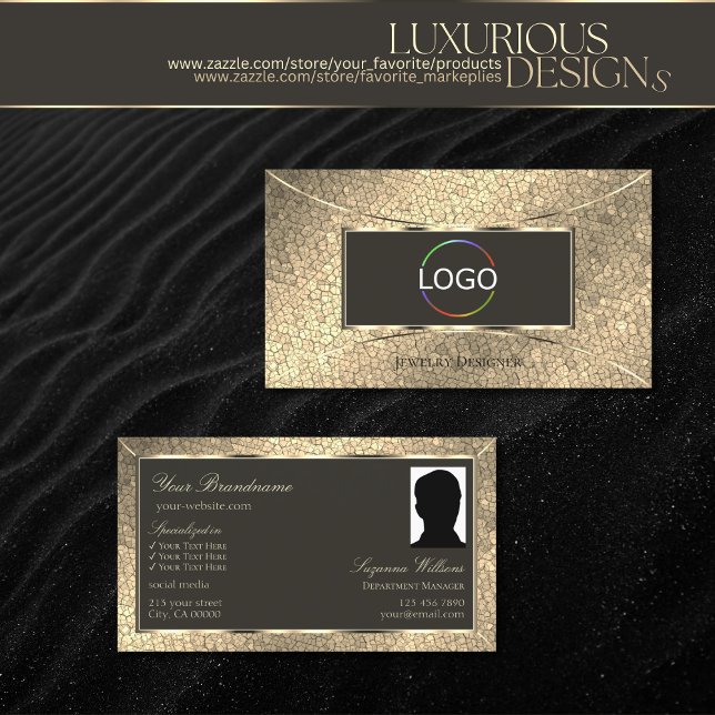 Elegant Gold Snake Dark Brown with Logo and Photo Business Card (Creator Uploaded)