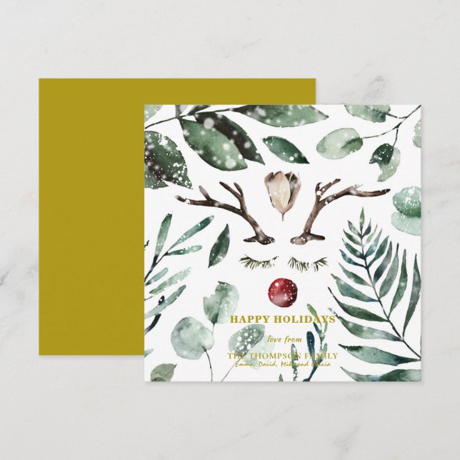 Elegant Gold Snow Overlay Watercolor Greenery Holiday Card (Front/Back)
