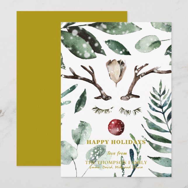 Elegant Gold Snow Overlay Watercolor Greenery Holiday Card (Front/Back)