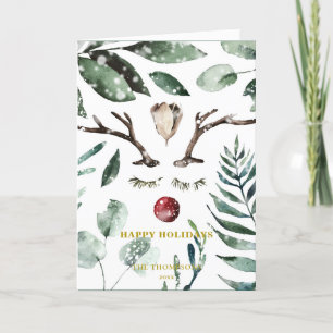Elegant Gold Snow Overlay Watercolor Greenery Holiday Card