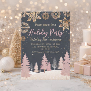 elegant gold snow soft pink Holiday Party  Invitation