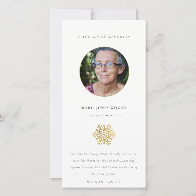 Elegant Gold Snowflake Circle Photo Memorial Thank You Card (Front)