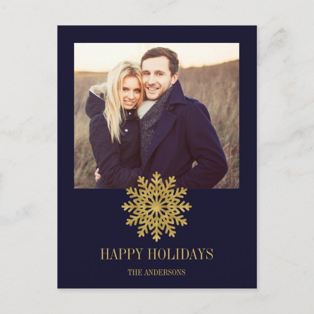 Elegant Gold Snowflake Holiday Photo Postcard (Front)